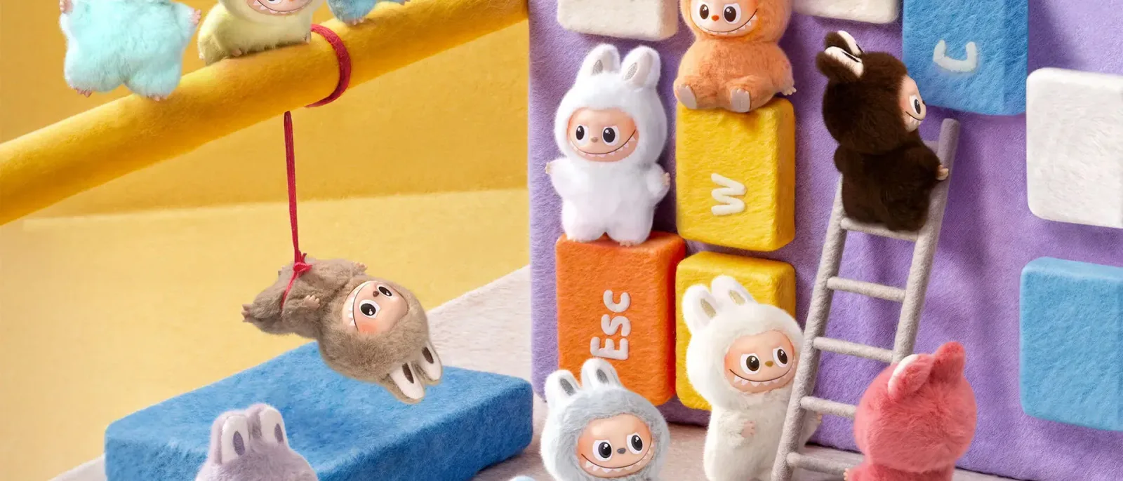 A colorful shelf display of collectible plush toy figures, shot like a playful toy store window